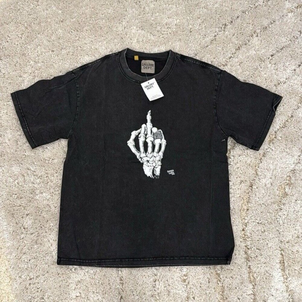 Gallery Dept Fashion Victim Bones Middle Finger Washed Black T-Shirt Mens Large